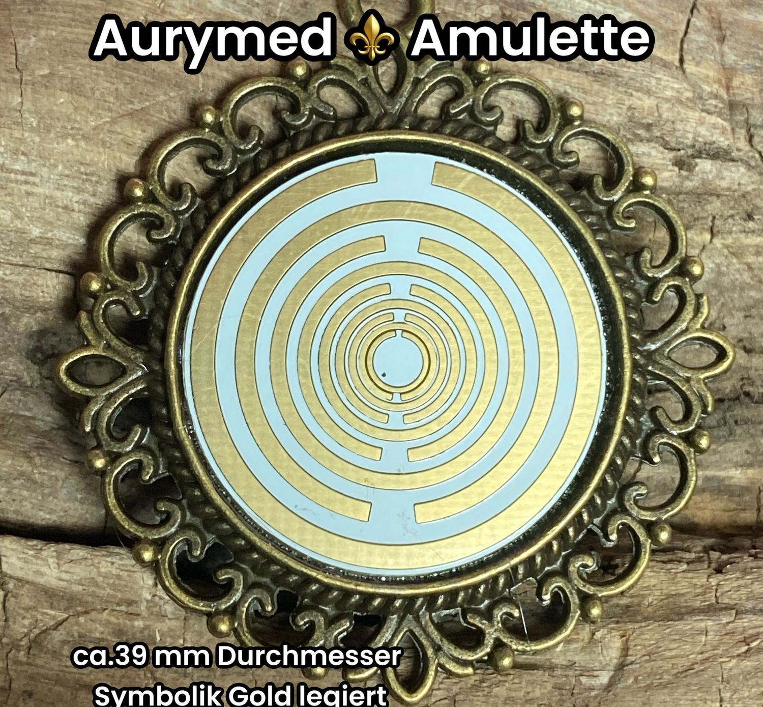 Amulette - bronzefarbend, Lakhovsyk MWO Schwingkreis Antennen Symbol (stromlos), Disc in weiß mit ca.25 mm Durchmesser, Disc Symbol gold legiert, Kupfer unterlegt