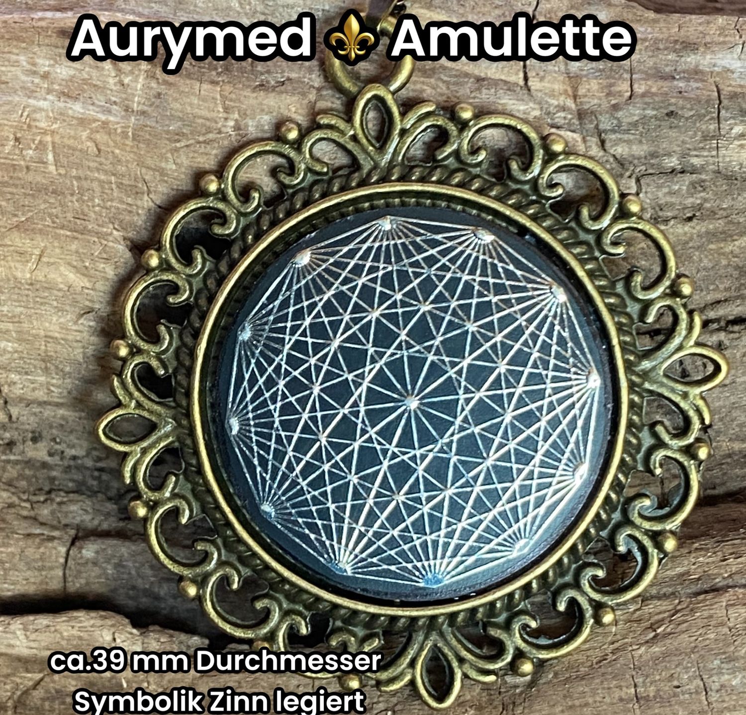 Amulette - bronzefarbend, Lakhovsyk MWO Schwingkreis Antennen Symbol (stromlos), Disc in schwarz mit ca.25 mm Durchmesser, Disc Symbol Zinnlegiert, Kupfer unterlegt