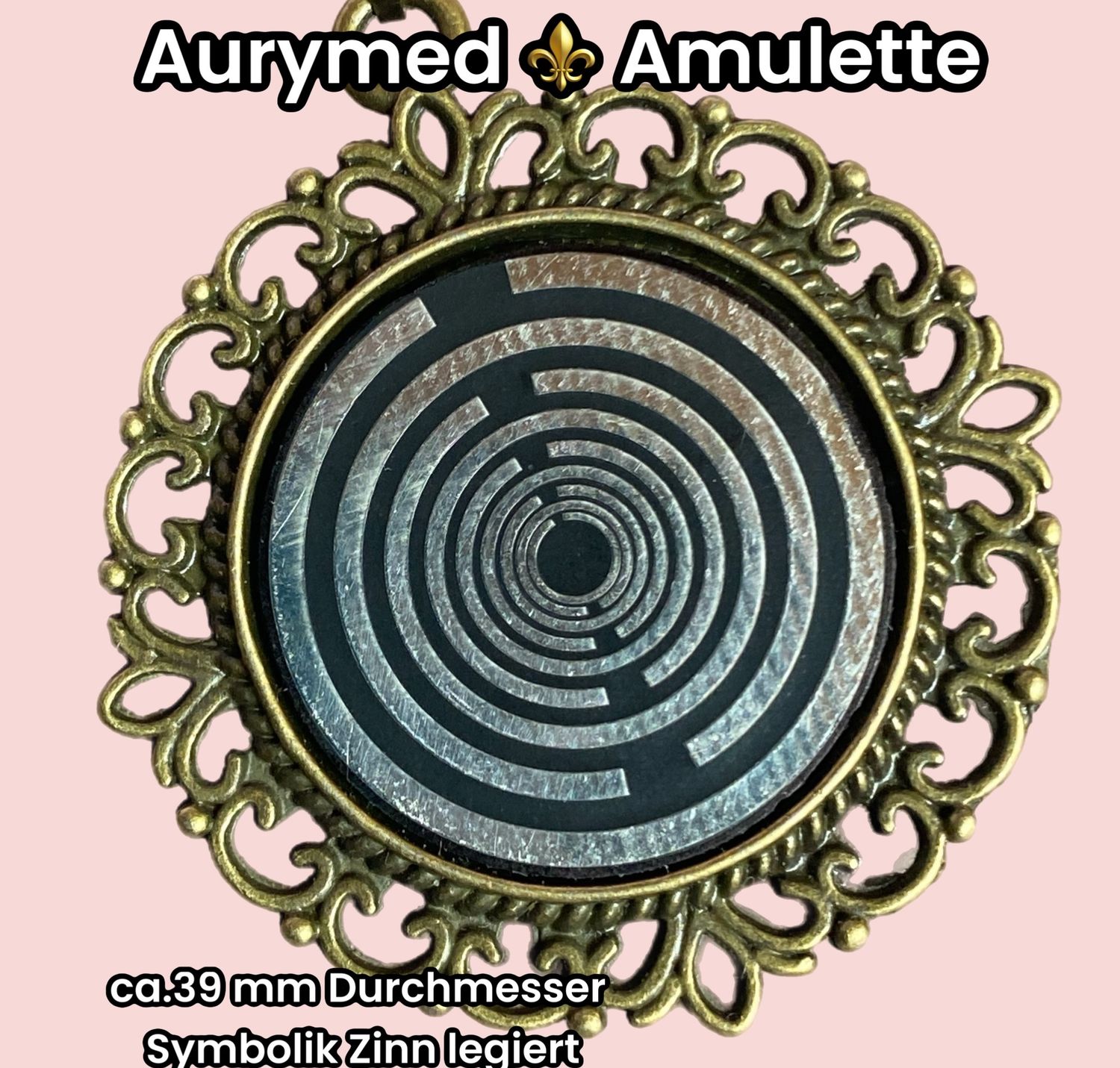 Amulette - bronzefarbend, Lakhovsyk MWO Schwingkreis Antennen Symbol (stromlos), Disc in schwarz mit ca.25 mm Durchmesser, Disc Symbol Zinn legiert, Kupfer unterlegt