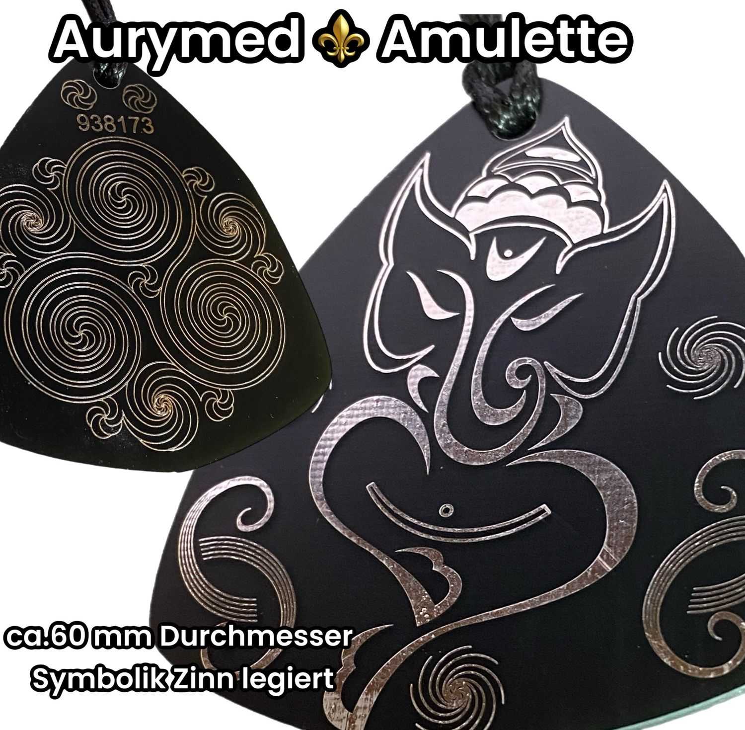 Amulette - Disc - Ganesha der Glücksbote trifft die 3 fach Triskele, Größe ca. 69 mm x 59 mm, doppelseitig, Zinn legiert, Kupfer unterlegt, schwarz