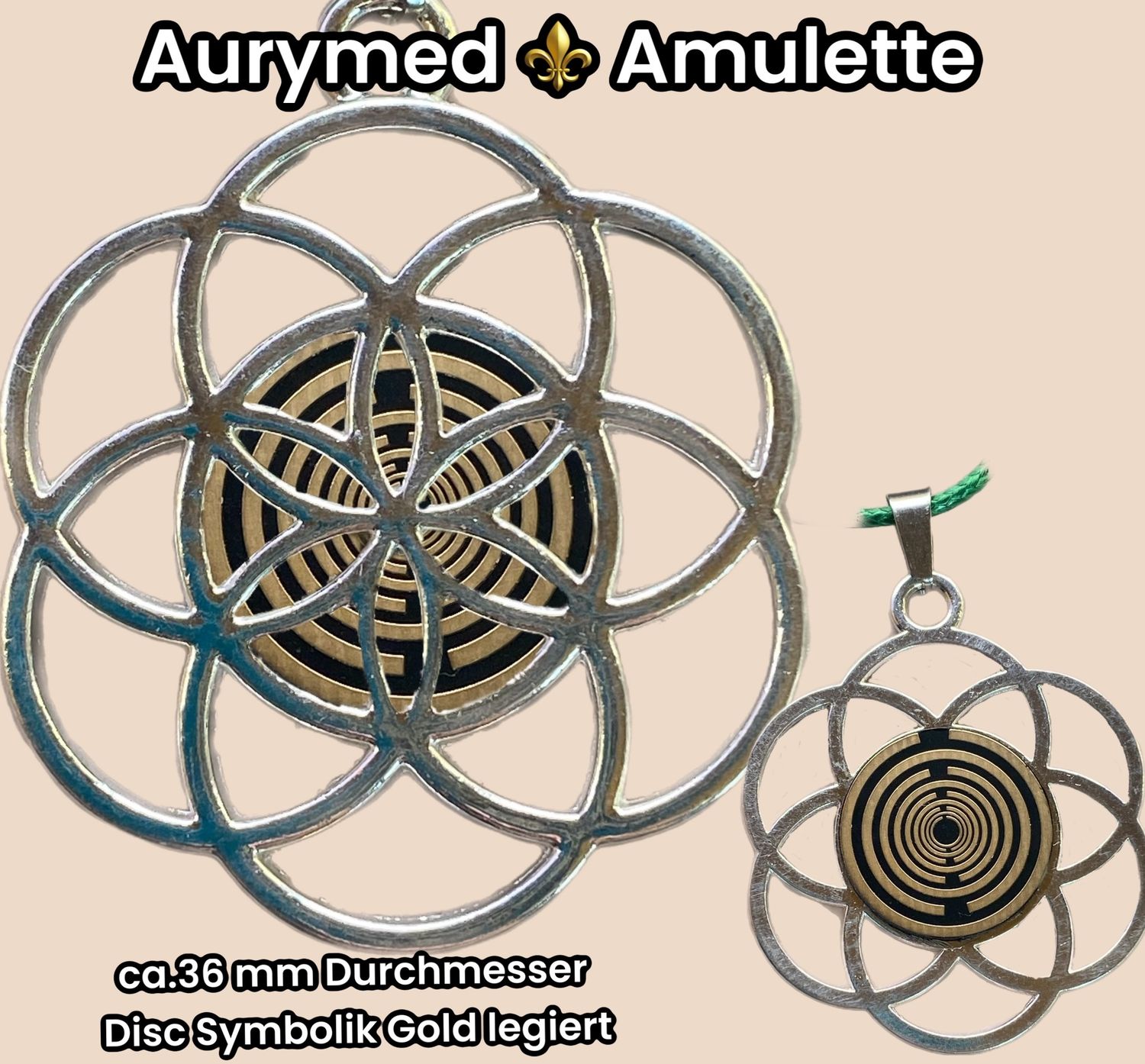 Amulette - Samen des Lebens - Lakhovsyk MWO Symbol Antenne (stromlos) als nachtschwarzer Coin mit Gold Legierung  eingearbeitet, Kupfer unterlegt