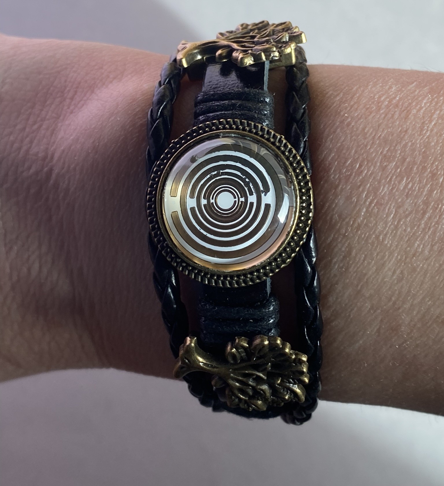 Armband-mehrsträngig, Baum des Lebens, schwarz, Symbol Lakhovsky MWO Schwingkreis Oszillator Antenne (stromlos), weiße Disc gold legiert + Kupfer unterlegt ca. 18 mm hinter Glas