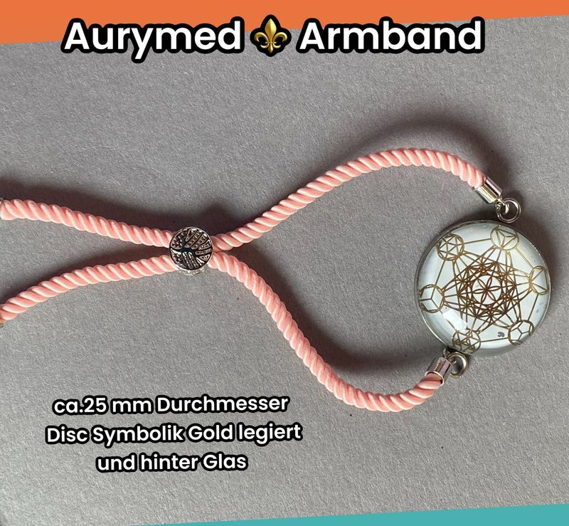 Armband-Kordel, zartrose, Metatron mit den platonischen Körpern, Disc(hinter Glas) gold legiert + Kupfer unterlegt ca. 25 mm, Verschluss durch Ziehen in der Größe leicht zu verstellen