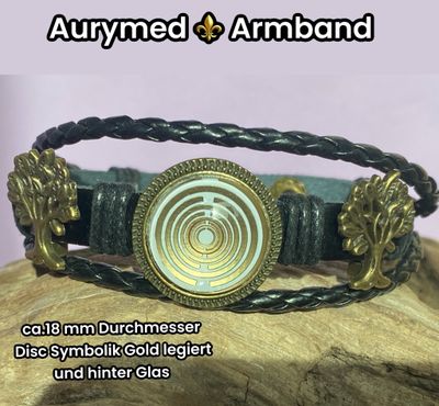 Armband-mehrsträngig, Baum des Lebens, schwarz, Symbol Lakhovsky MWO Schwingkreis Oszillator Antenne (stromlos), weiße Disc gold legiert + Kupfer unterlegt ca. 18 mm hinter Glas