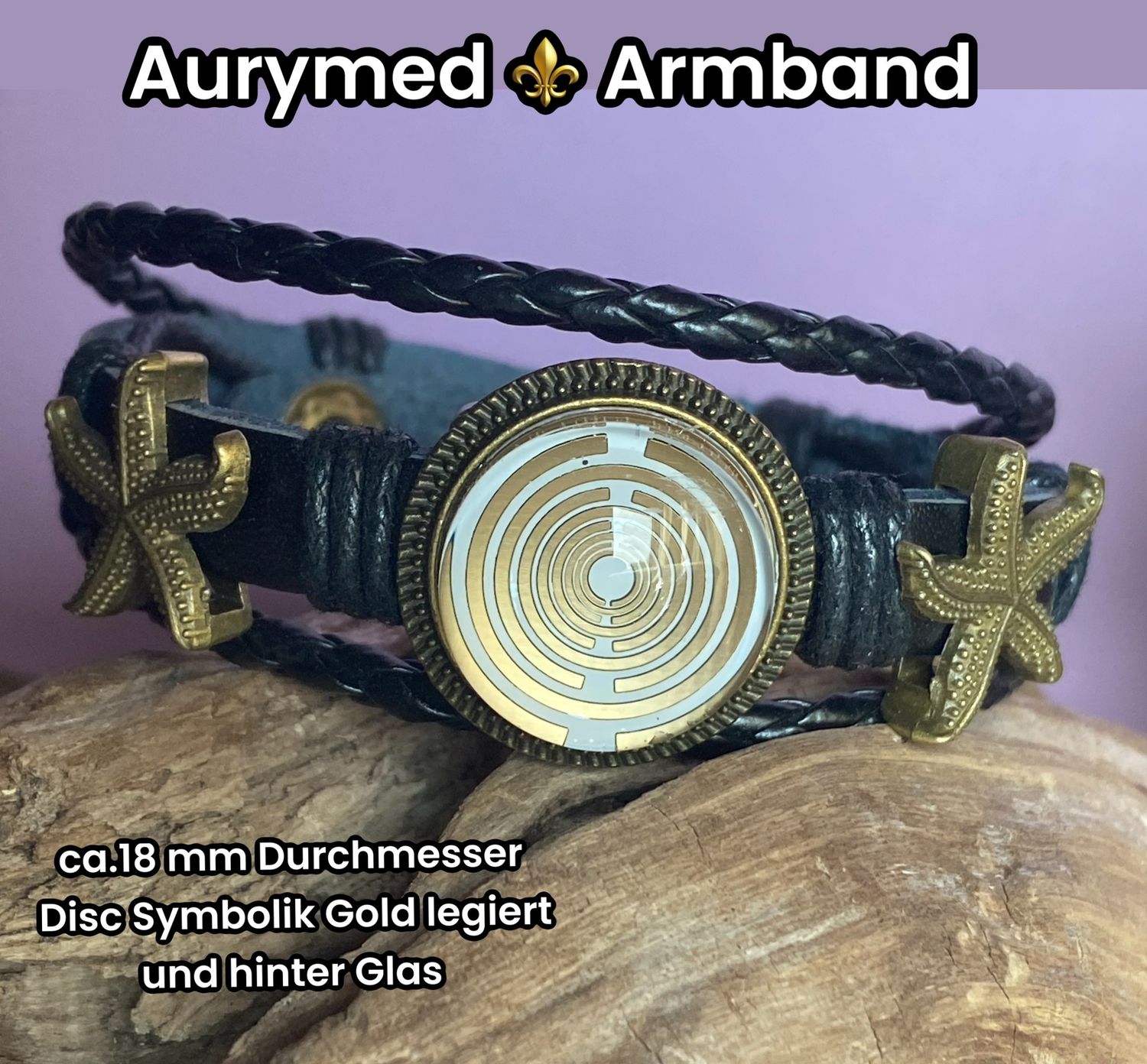 Armband-mehrsträngig, Seestern, schwarz, Symbol Lakhovsky MWO Schwingkreis Oszillator Antenne (stromlos), weiße Disc gold legiert + Kupfer unterlegt ca. 18 mm hinter Glas, Druckknopf Verschluss