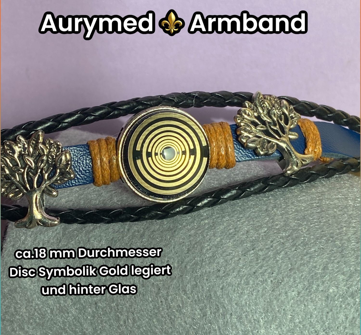 Armband-mehrsträngig, Baum des Lebens, blau, Symbol Lakhovsky MWO Schwingkreis Oszillator Antenne (stromlos), schwarze Disc gold legiert + Kupfer unterlegt ca. 18 mm hinter Glas, Einhak Verschluss