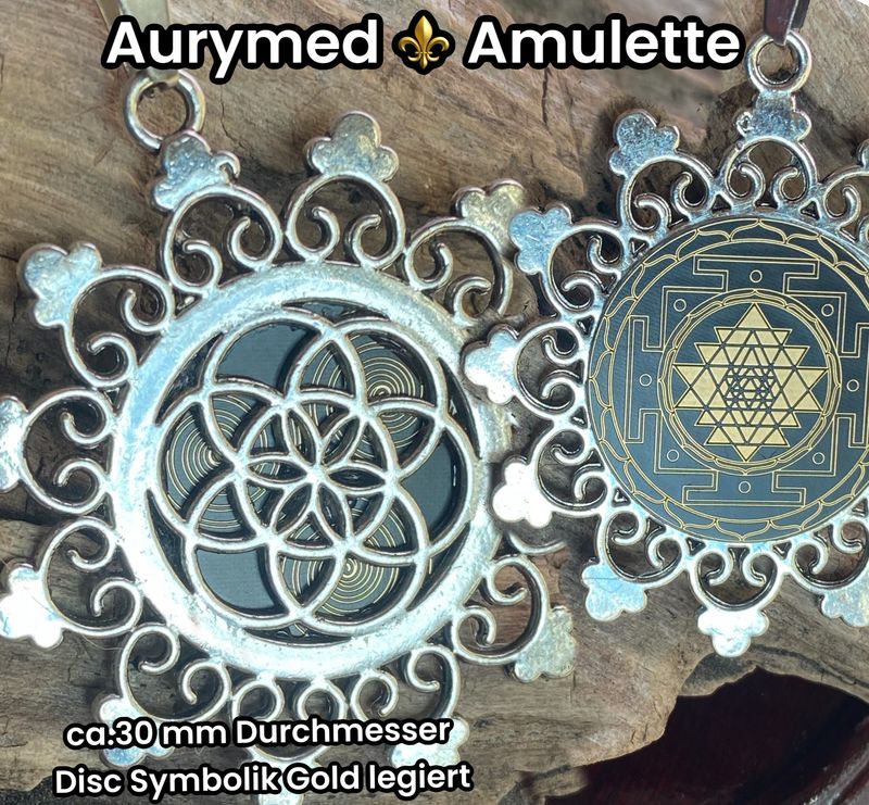 Amulette - Samen des Lebens - Sri Yantra - Triskele als nachtschwarzer 25mm Coin mit Gold Legierung  eingearbeitet