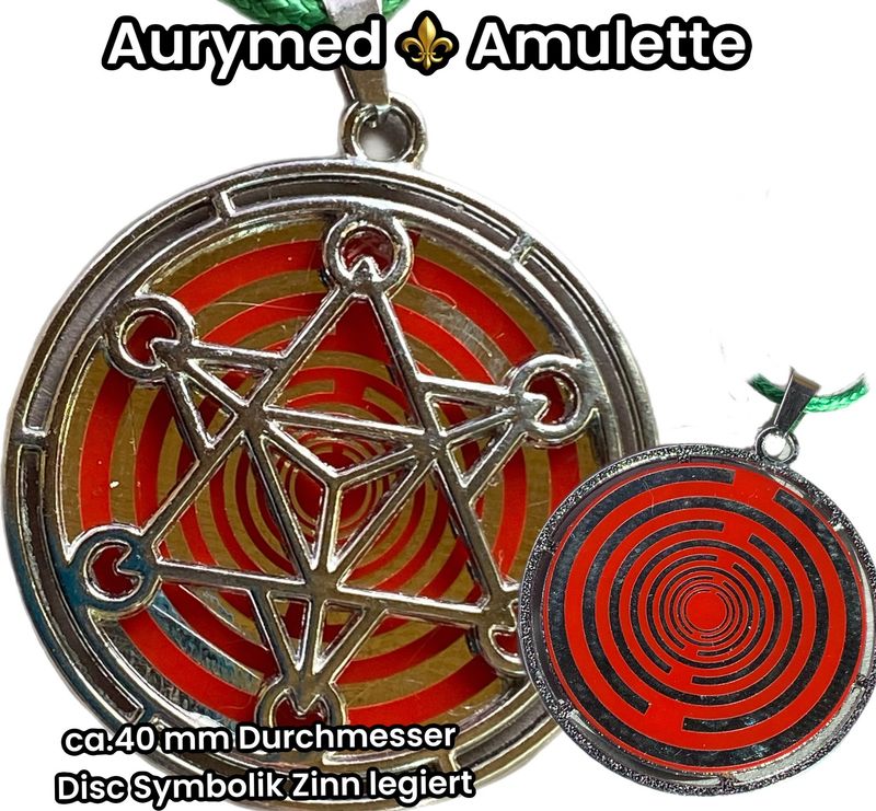 Amulette - Merkaba - Lakhovsyk MWO Symbol Antenne (stromlos) als roter ca. 35 mm großer Coin mit Zinnlegierung in eine silberfarbende (kein Silber) Fassung eingearbeitet