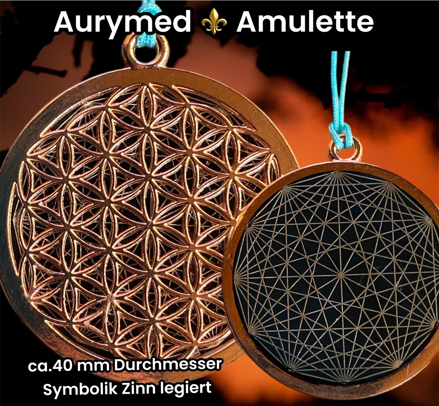 Amulette -Blume des Lebens, Dodecagram als nachtschwarzer 35 mm Coin mit Gold Legierung  eingearbeitet