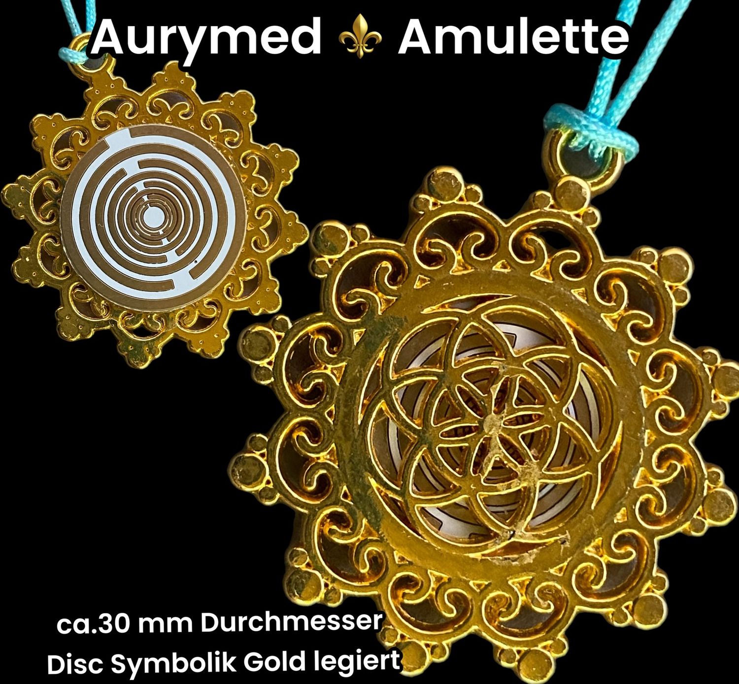 Amulette - Blume des Lebens, Lakhovsky Symbol als weißer Coin mit Goldlegierung  eingearbeitet