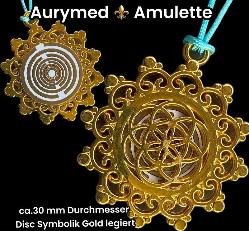 Amulette - Blume des Lebens, Lakhovsky Symbol als weißer Coin mit Goldlegierung eingearbeitet Amulette - Blume des Lebens, Lakhovsky Symbol als weißer Coin mit Goldlegierung eingearbeitet