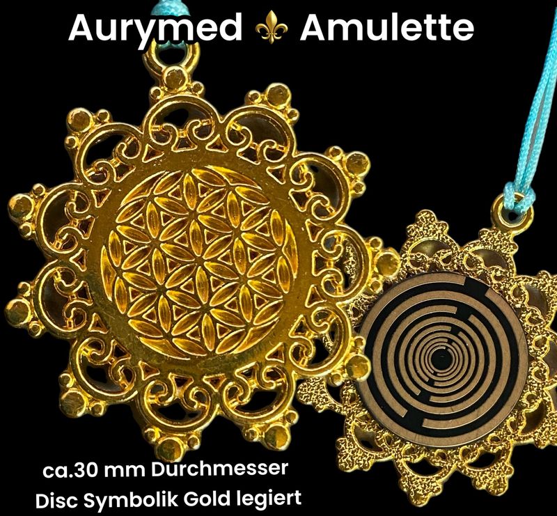 Amulette - Blume des Lebens, Lakhovsky Symbol als schwarzer Coin mit Goldlegierung eingearbeitet Amulette - Blume des Lebens, Lakhovsky Symbol als schwarzer Coin mit Goldlegierung eingearbeitet