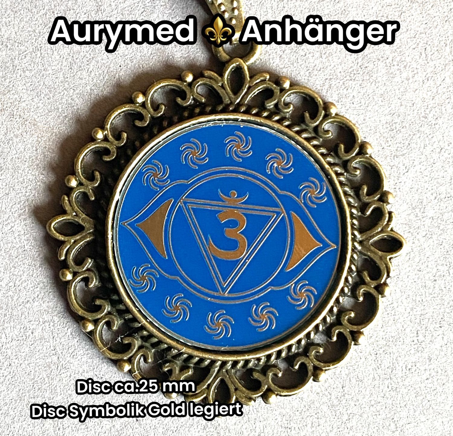 Amulette - Chakremy, bronzefarbend, Stirnen Chakra, Disc in blau mit ca.25 mm Durchmesser, Disc Gold legiert, Kupfer unterlegt