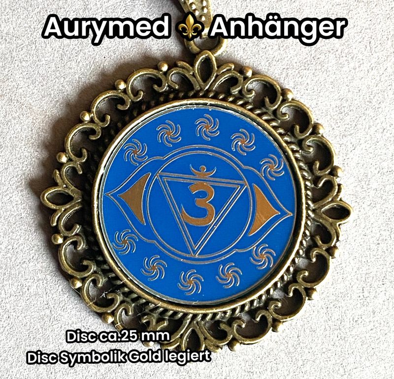 Amulette - Chakremy, bronzefarbend, Stirnen Chakra, Disc in blau mit ca.25 mm Durchmesser, Disc Gold legiert, Kupfer unterlegt Amulette - Chakremy, bronzefarbend, Stirnen Chakra, Disc in blau mit ca.25 mm Durchmesser, Disc Gold legiert, Kupfer unterlegt