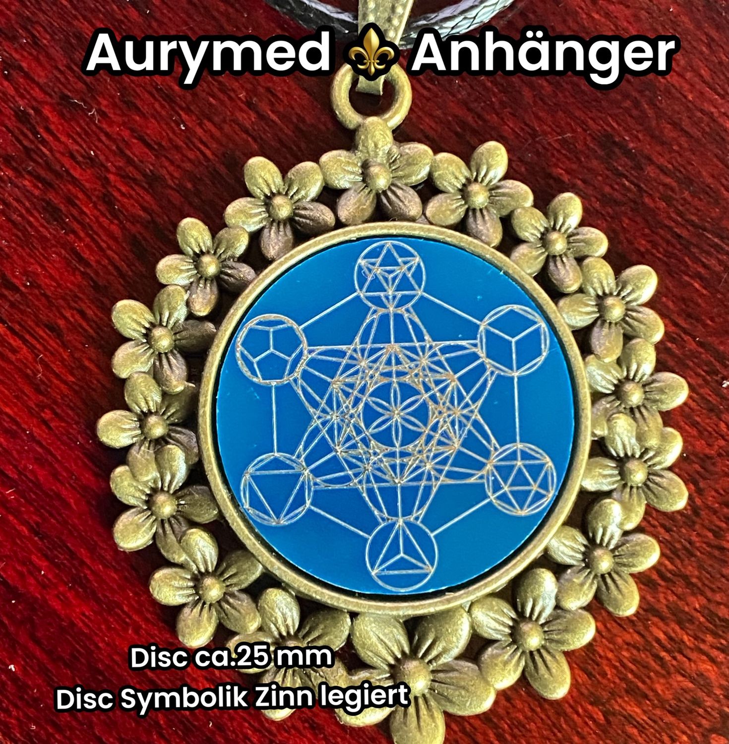 Amulette - bronzefarbend, Metatron mit den platonischen Körpern, Disc in blau mit ca.25 mm Durchmesser, Disc Zinn legiert, Kupfer unterlegt