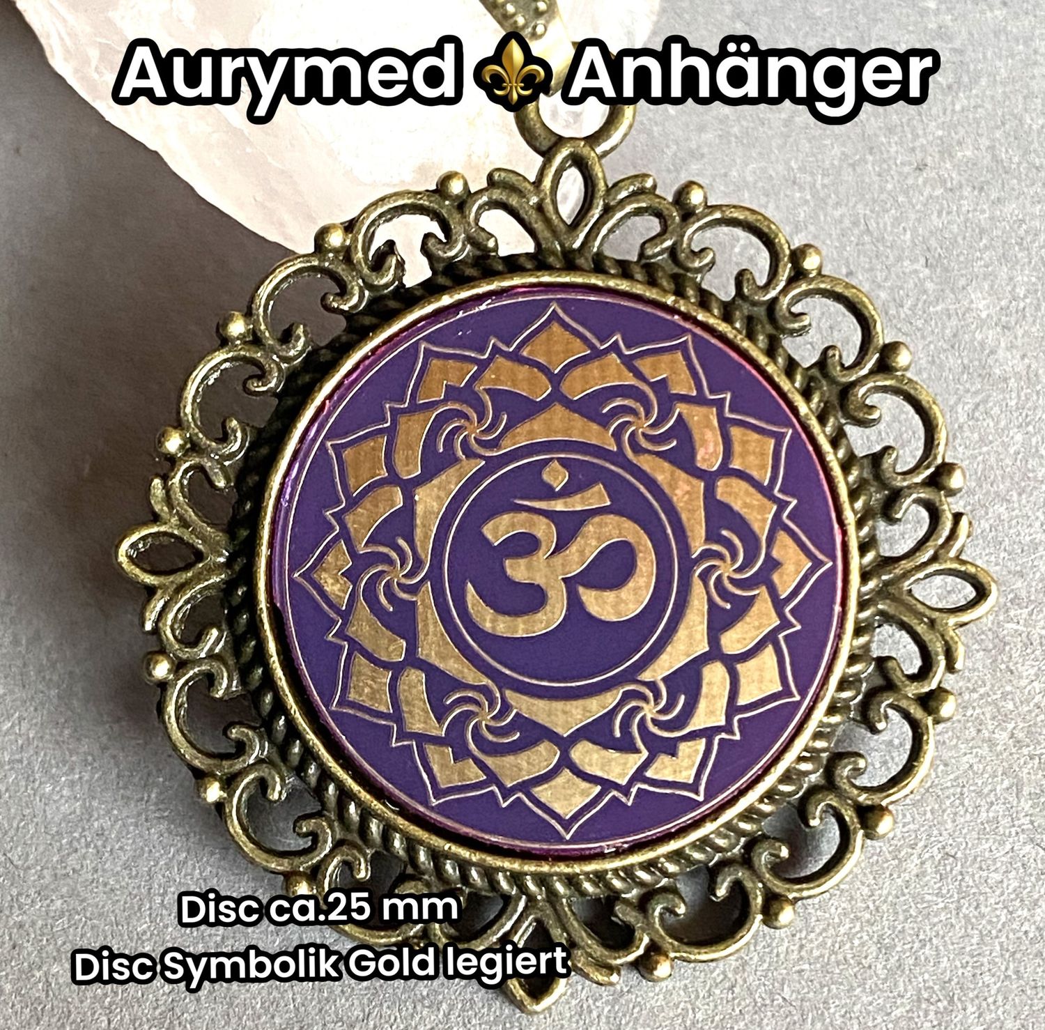 Amulette - Chakremy, bronzefarbend, Kronen Chakra, Disc in lila flieder mit ca.25 mm Durchmesser, Disc Gold legiert, Kupfer unterlegt