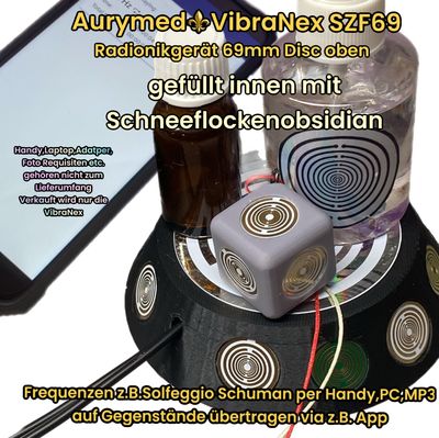50 mm VibraNex UFO, 1 farbig, Oberflächenplatte Zinn legiert, Füllung Schneeflockenobsidian 50 mm VibraNex UFO, 1 farbig, Oberflächenplatte Zinn legiert, Füllung Schneeflockenobsidian