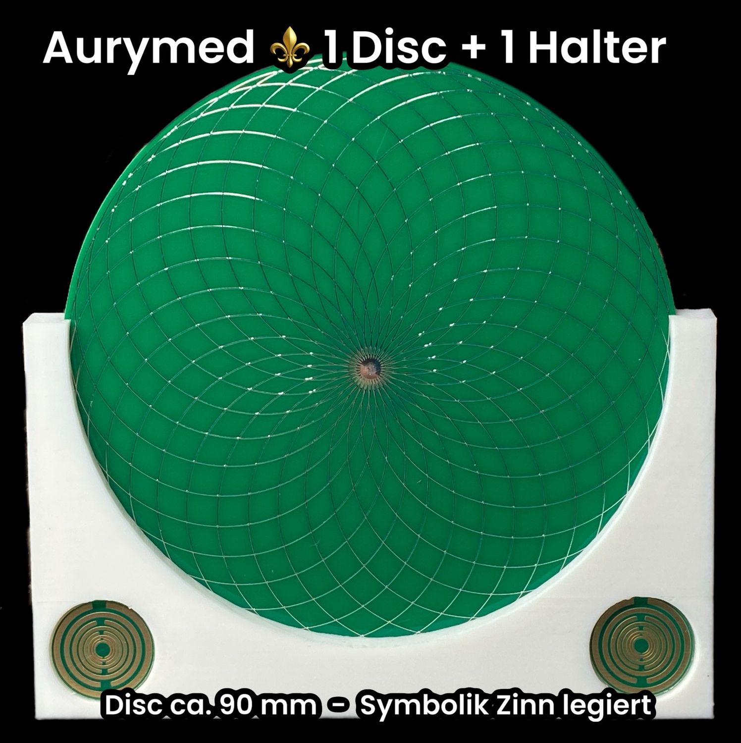 90 mm - 1 x Disc + 1x PLA Halter -Torus Design, doppelseitig, Zinn legiert, Kupfer unterlegt, grün