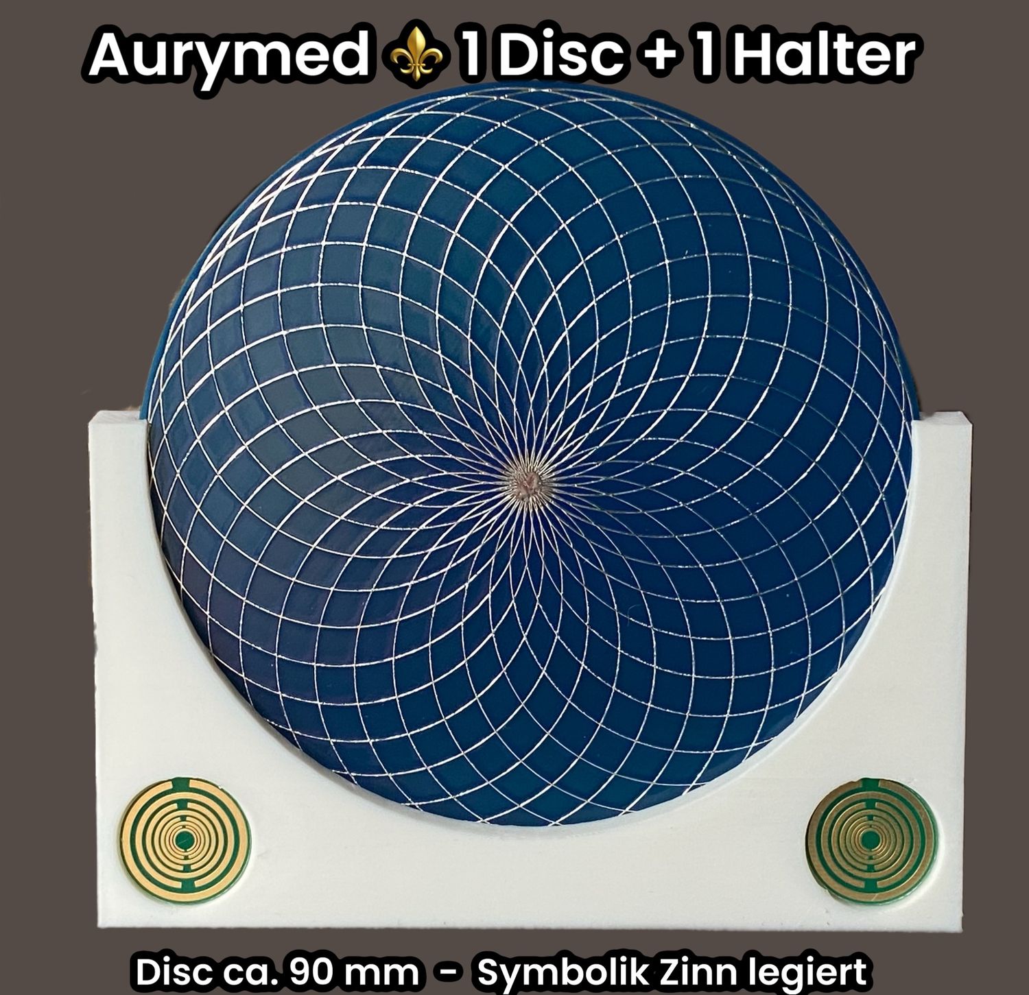 90 mm - 1 x Disc + 1x PLA Halter -Torus Design, doppelseitig, Zinn legiert, Kupfer unterlegt, blau