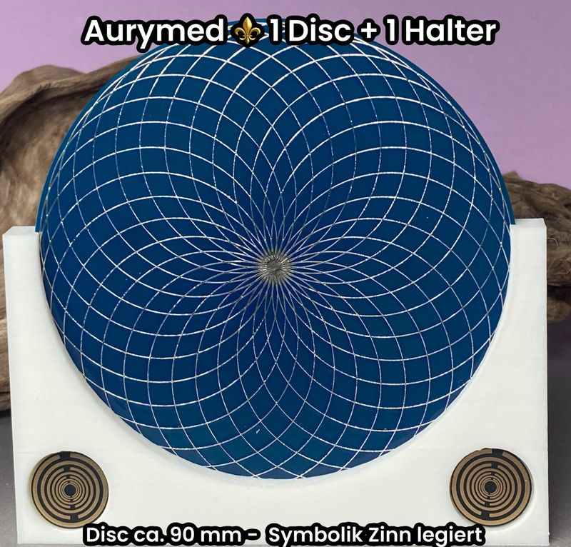 90 mm - 1 x Disc + 1x PLA Halter -Torus Design, doppelseitig, Zinn legiert, Kupfer unterlegt, blau 90 mm - 1 x Disc + 1x PLA Halter -Torus Design, doppelseitig, Zinn legiert, Kupfer unterlegt, blau