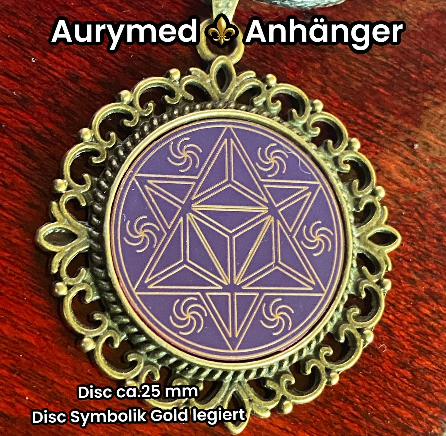 Amulette - bronzefarbend, Merkaba, Disc in flieder mit ca.25 mm Durchmesser, Disc Symbol Gold legiert, Kupfer unterlegt