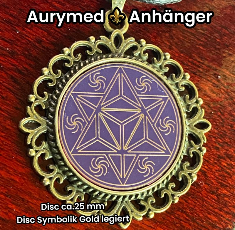 Amulette - bronzefarbend, Merkaba, Disc in flieder mit ca.25 mm Durchmesser, Disc Symbol Gold legiert, Kupfer unterlegt Amulette - bronzefarbend, Merkaba, Disc in flieder mit ca.25 mm Durchmesser, Disc Symbol Gold legiert, Kupfer unterlegt