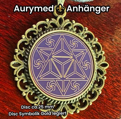 Amulette - bronzefarbend, Merkaba, Disc in flieder mit ca.25 mm Durchmesser, Disc Symbol Gold legiert, Kupfer unterlegt Amulette - bronzefarbend, Merkaba, Disc in flieder mit ca.25 mm Durchmesser, Disc Symbol Gold legiert, Kupfer unterlegt