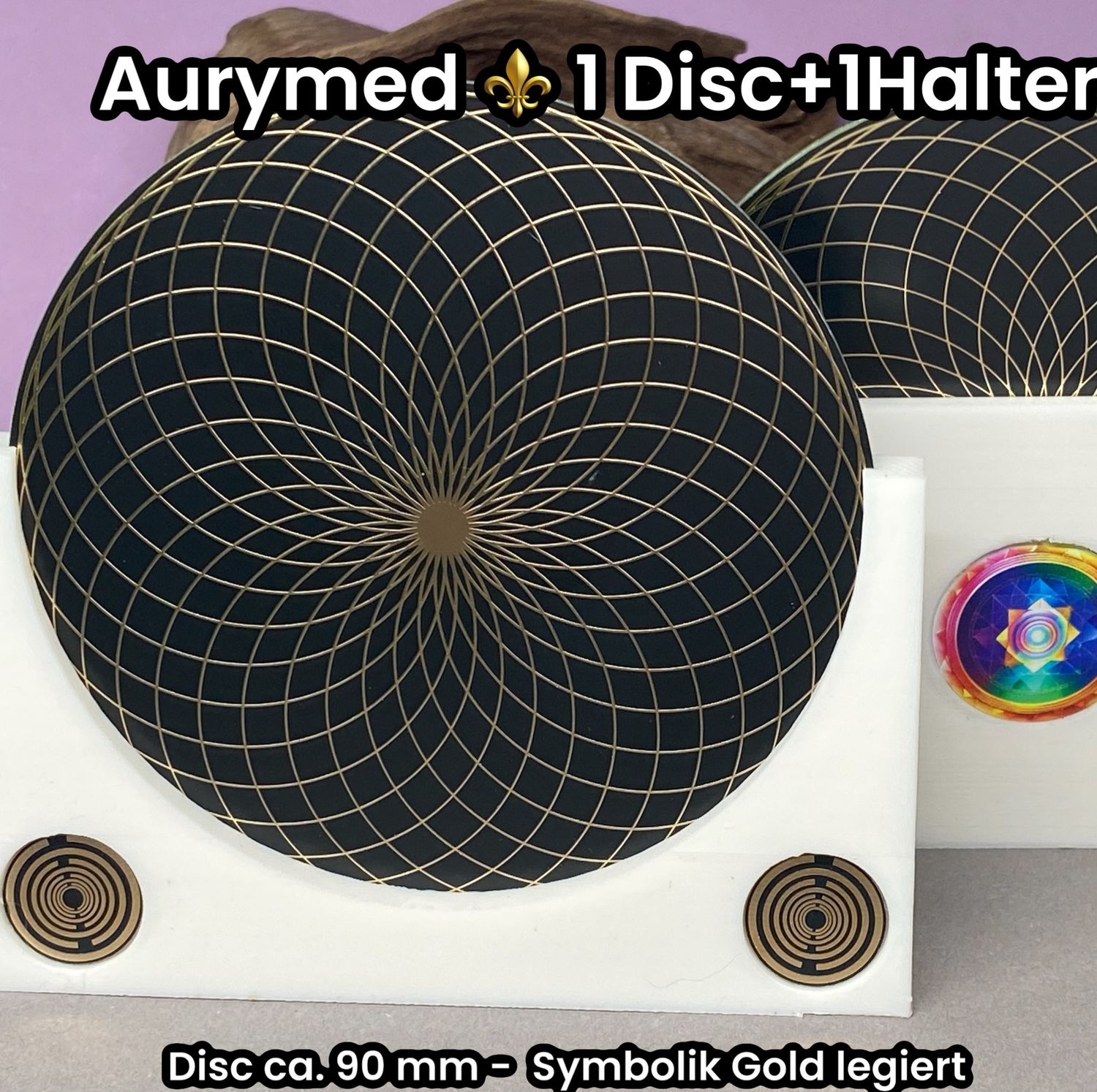 90 mm - 1 x Disc + 1x PLA Halter -Torus Design, doppelseitig, Goldlegiert, Kupfer unterlegt, schwarz
