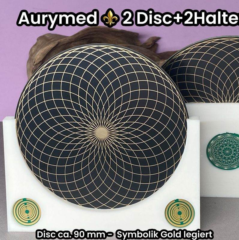 90 mm - 2 x Disc + 2x PLA Halter -Torus Design, doppelseitig, Goldlegiert, Kupfer unterlegt, schwarz 90 mm - 2 x Disc + 2x PLA Halter -Torus Design, doppelseitig, Goldlegiert, Kupfer unterlegt, schwarz