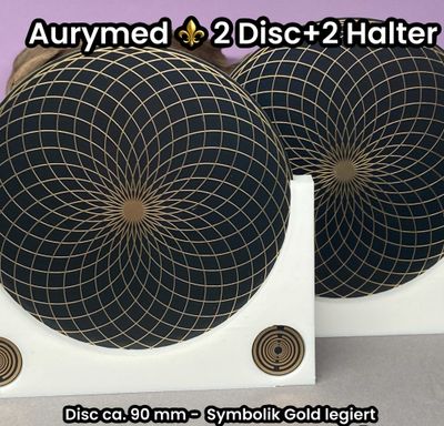 90 mm - 2 x Disc + 2x PLA Halter -Torus Design, doppelseitig, Goldlegiert, Kupfer unterlegt, schwarz 90 mm - 2 x Disc + 2x PLA Halter -Torus Design, doppelseitig, Goldlegiert, Kupfer unterlegt, schwarz