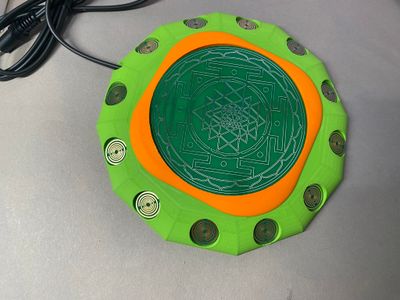 Frequenzübertragungsplatte, Radionik Gerät VibraNex, PLA Gehäuse, 94 mm SriYantra Disc oben,Symbolik ZINN legiert, Kupfer unterlegt, Frequenzen aus App`s etc per Audio übertragen