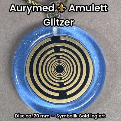 Anhänger - Resin mit Glitzer, Disc im Lakhovsky Antennen Design ca.18 mm Durchmesser, Disc Symbolik Gold legiert, Kupfer unterlegt, blau Anhänger - Resin mit Glitzer, Disc im Lakhovsky Antennen Design ca.18 mm Durchmesser, Disc Symbolik Gold legiert, Kupfer unterlegt, blau