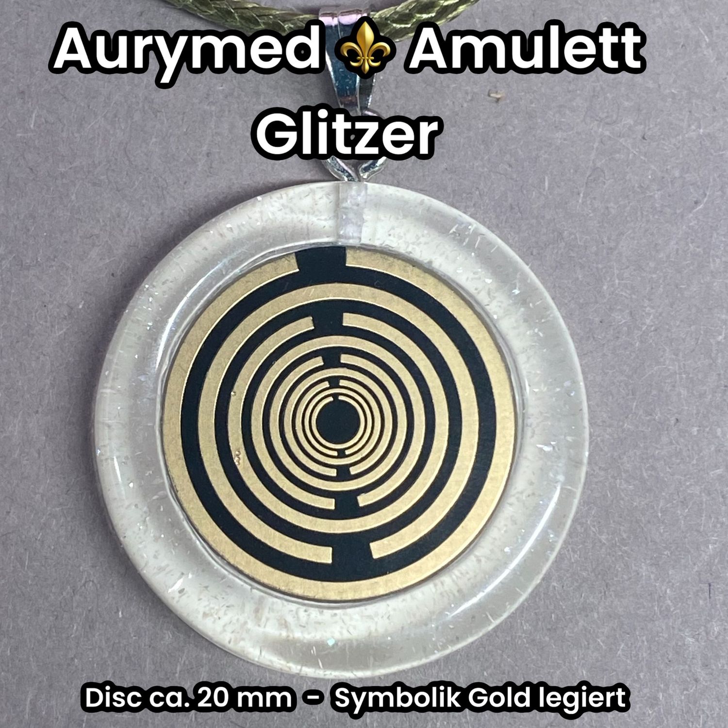 Anhänger - Resin mit Glitzer, Disc im Lakhovsky Antennen Design ca.18 mm Durchmesser, Disc Symbolik Gold legiert, Kupfer unterlegt, weiß