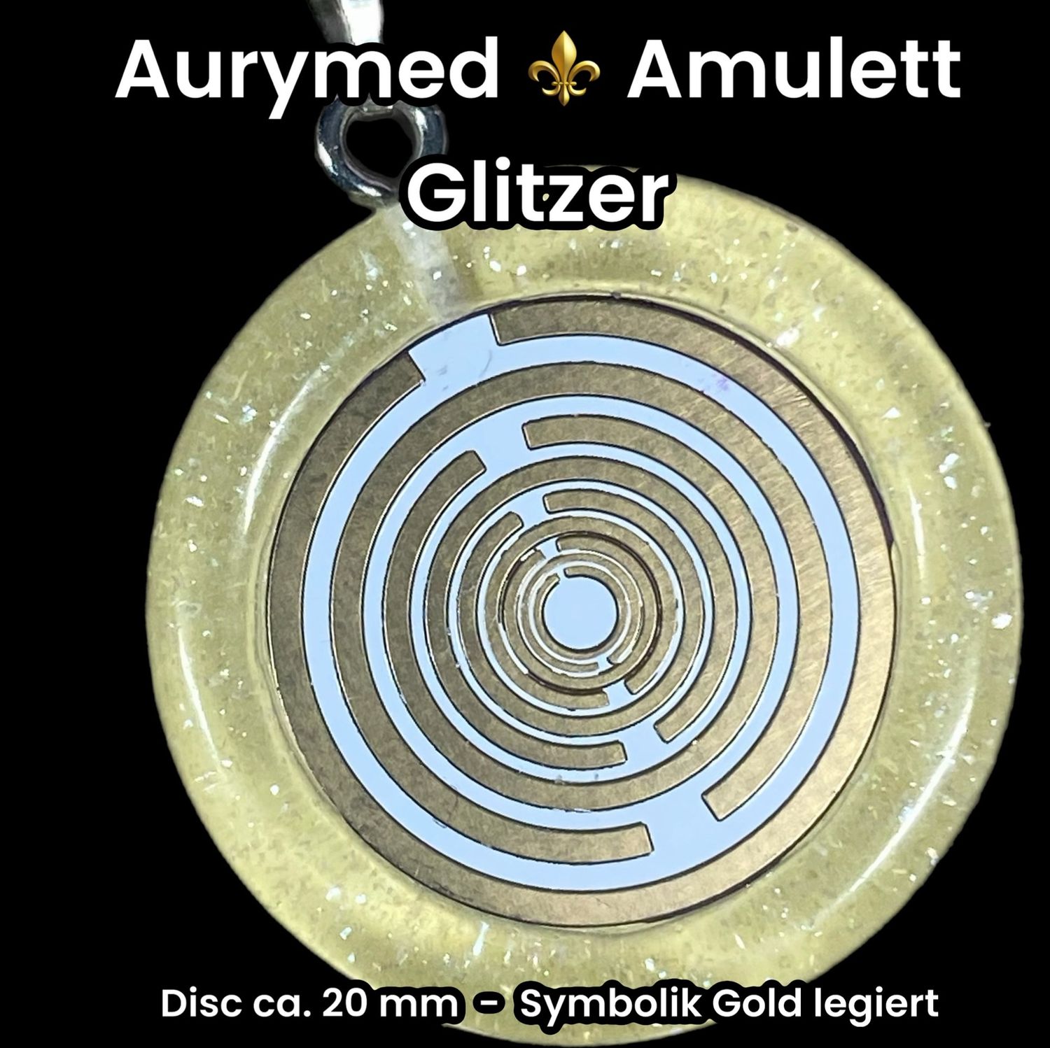 Anhänger - Resin mit Glitzer, Disc im Lakhovsky Antennen Design ca.18 mm Durchmesser, Disc Symbolik Gold legiert, Kupfer unterlegt, gelb