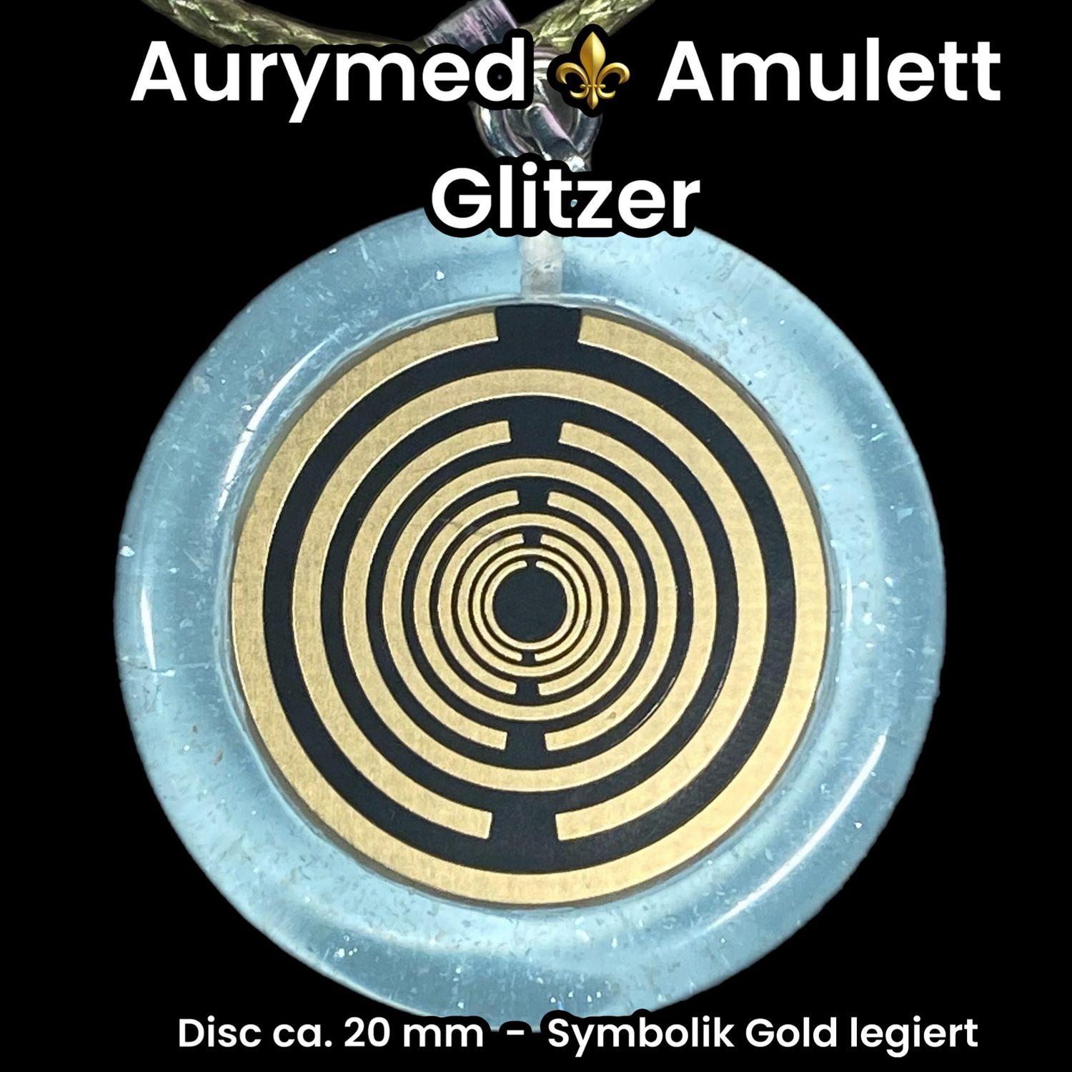 Anhänger - Resin mit Glitzer, Disc im Lakhovsky Antennen Design ca.18 mm Durchmesser, Disc Symbolik Gold legiert, Kupfer unterlegt, blau
