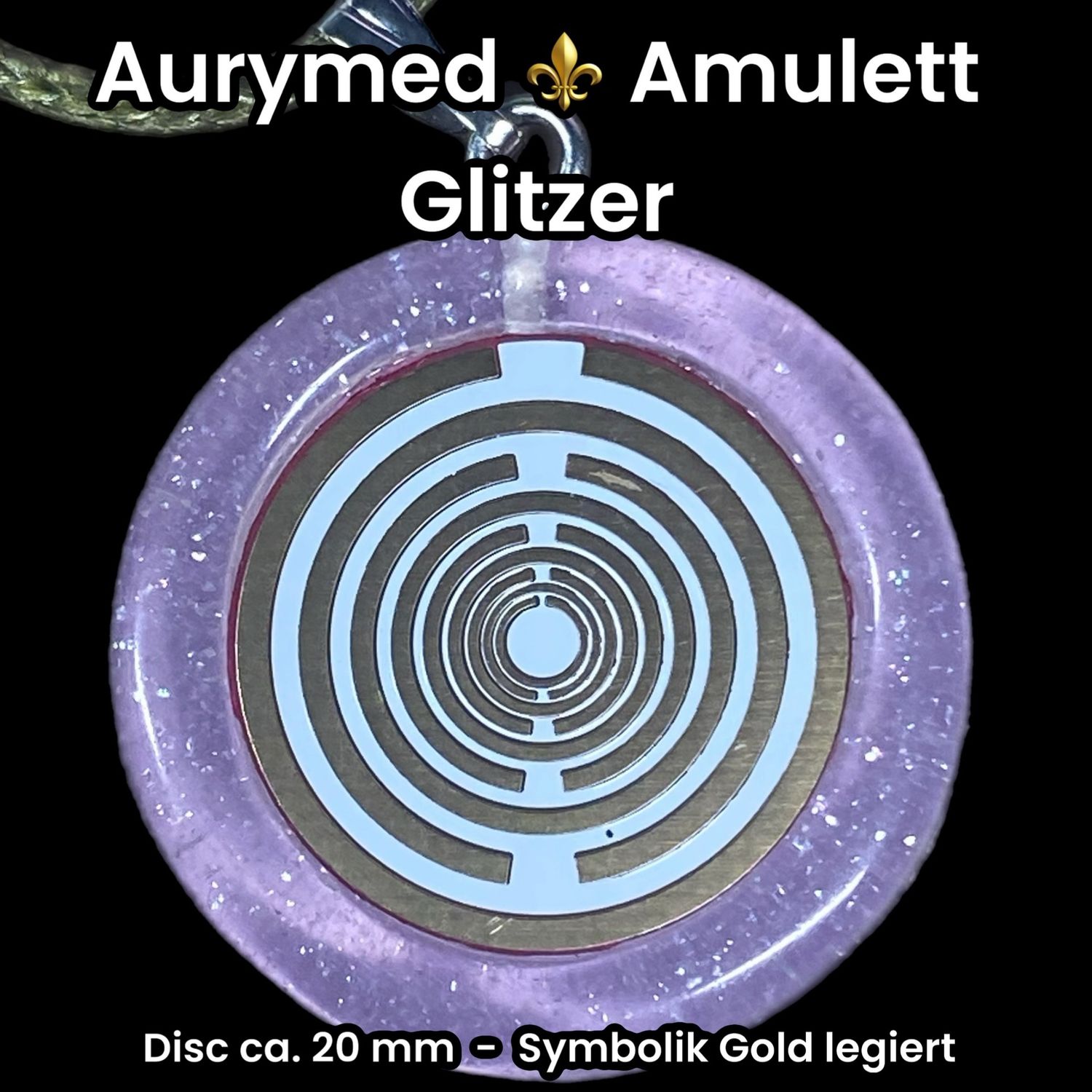 Anhänger - Resin mit Glitzer, Disc im Lakhovsky Antennen Design ca.18 mm Durchmesser, Disc Symbolik Gold legiert, Kupfer unterlegt, flieder lila