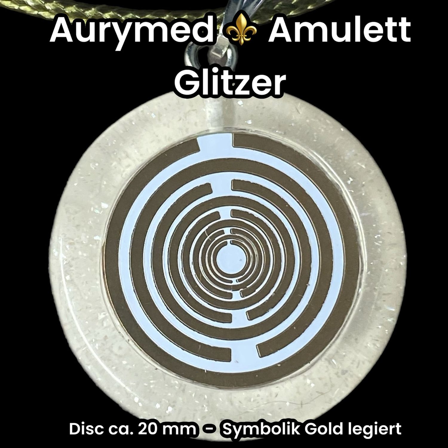 Anhänger - Resin mit Glitzer, Disc im Lakhovsky Antennen Design ca.18 mm Durchmesser, Disc Symbolik Gold legiert, Kupfer unterlegt, transparent weiß