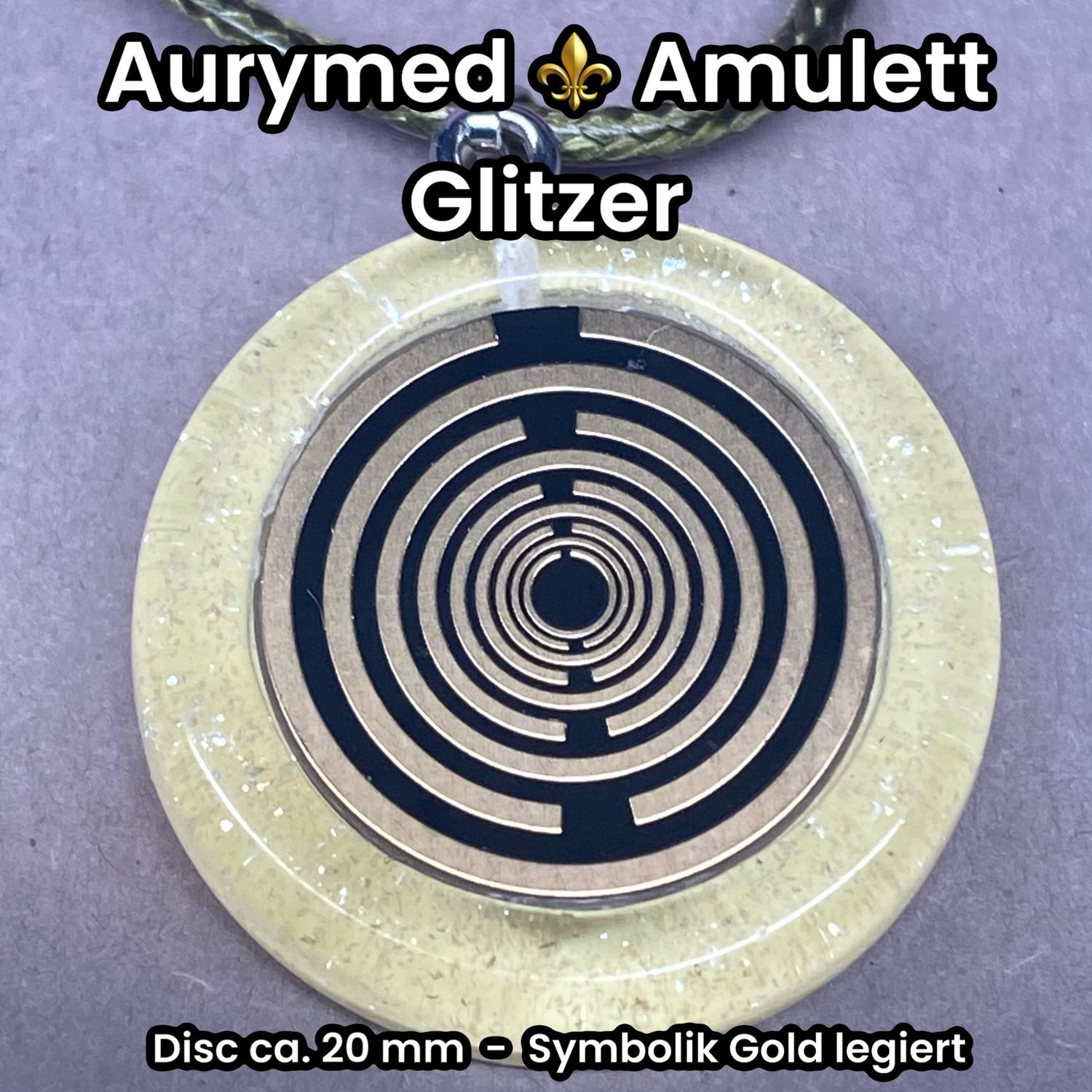Anhänger - Resin mit Glitzer, Disc im Lakhovsky Antennen Design ca.18 mm Durchmesser, Disc Symbolik Gold legiert, Kupfer unterlegt, transparent gelb