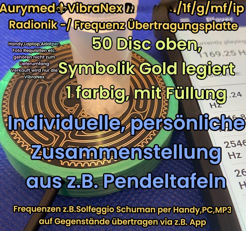 50 mm Wunsch VibraNex flach, 1 farbig PLA Gehäuse Wunschfarbe, Oberflächensymbolik Gold legiert, mit Füllung