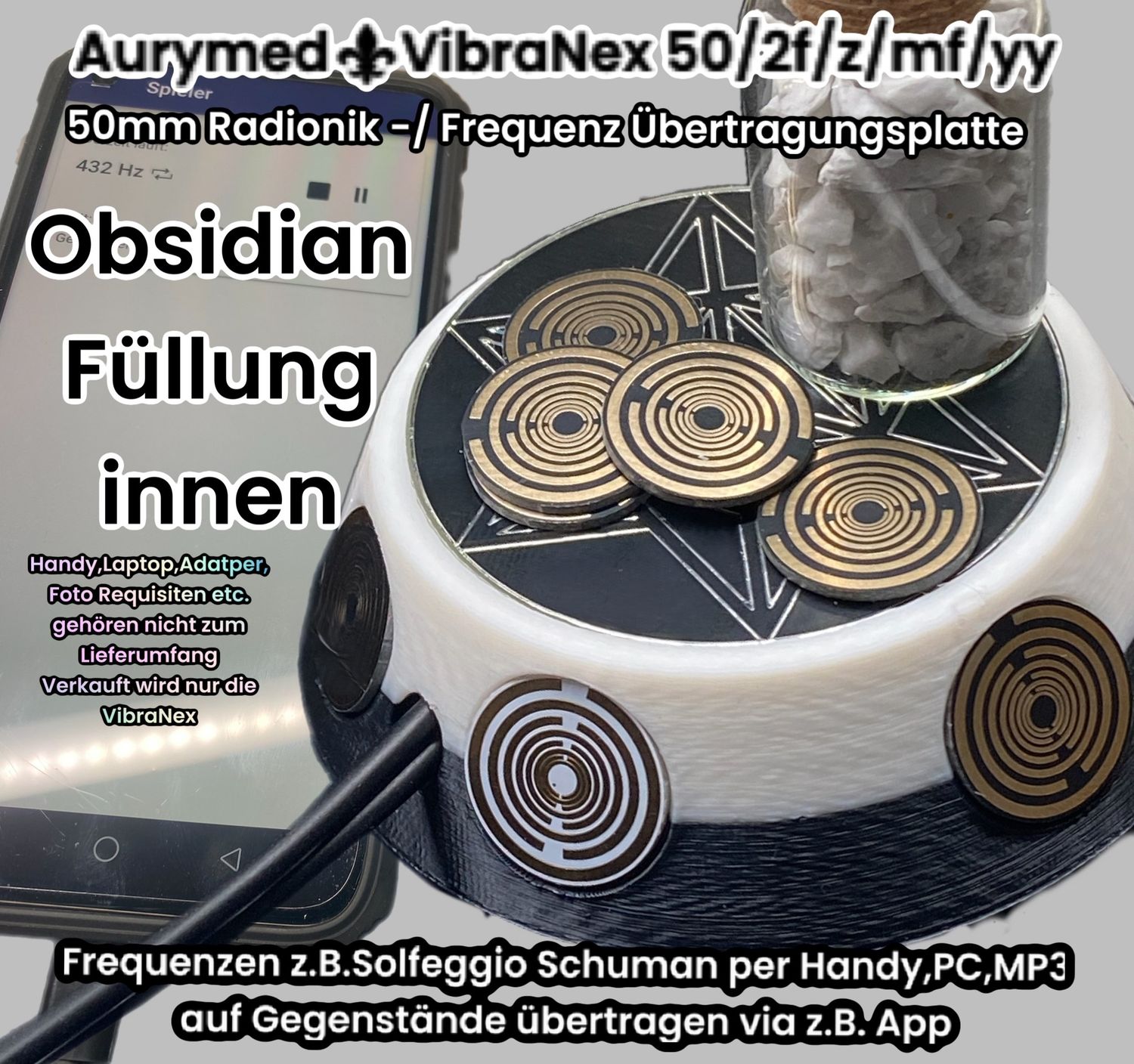 50 mm VibraNex UFO - 2 farbig, Oberflächenplatte Zinn legiert, Füllung Obsidian