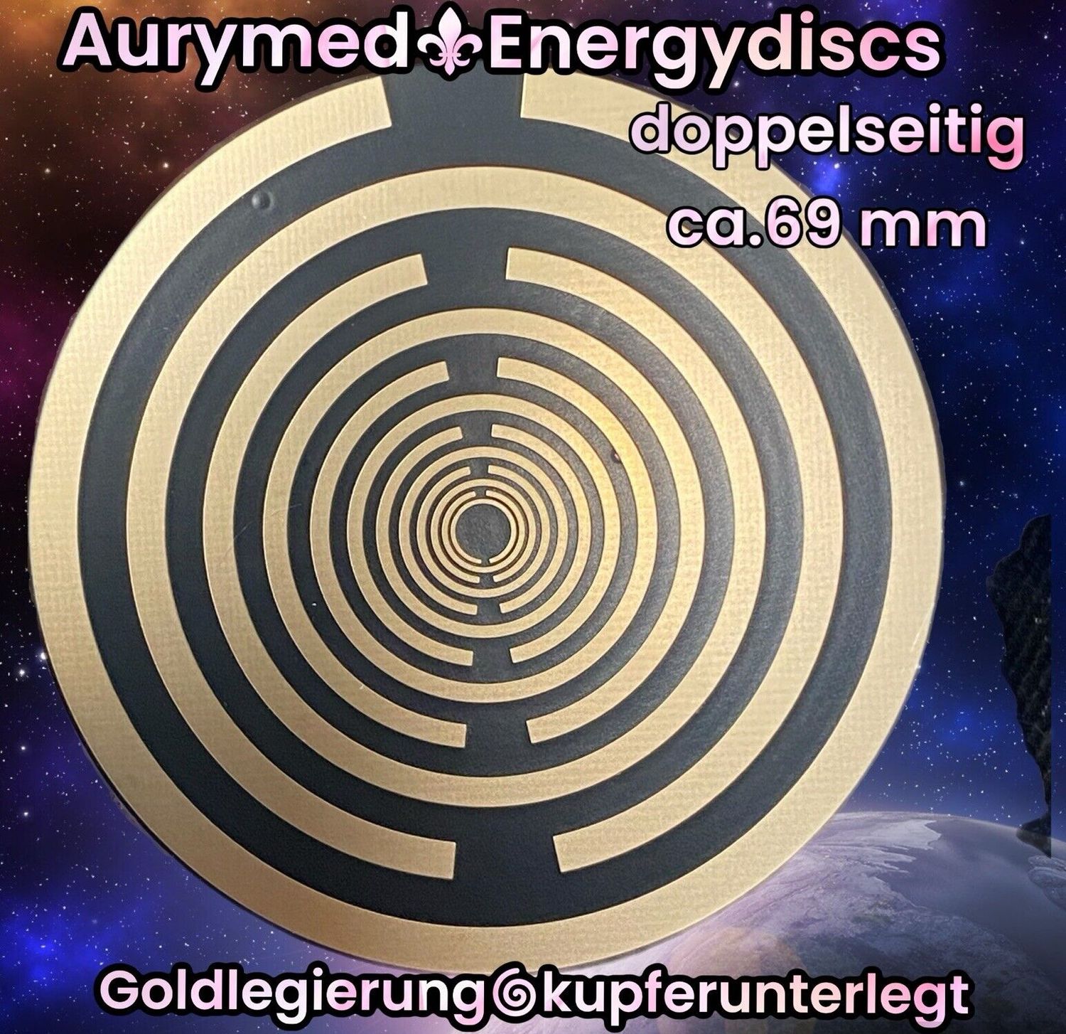 69 mm Disc - 1 Stück - MWO Lakhovsky Symbol Antenne (stromlos) doppelseitig, schwarz , Symbolik Gold legiert, Kupfer unterlegt