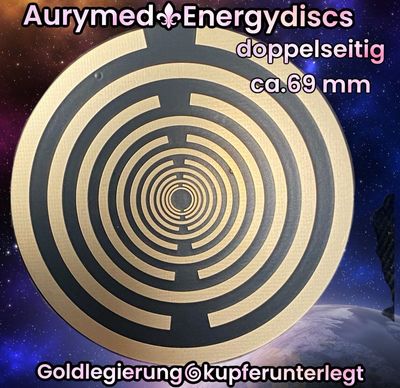 69 mm Disc - 1 Stück - MWO Lakhovsky Symbol Antenne (stromlos) doppelseitig, schwarz , Symbolik Gold legiert, Kupfer unterlegt 69 mm Disc - 1 Stück - MWO Lakhovsky Symbol Antenne (stromlos) doppelseitig, schwarz , Symbolik Gold legiert, Kupfer unterlegt