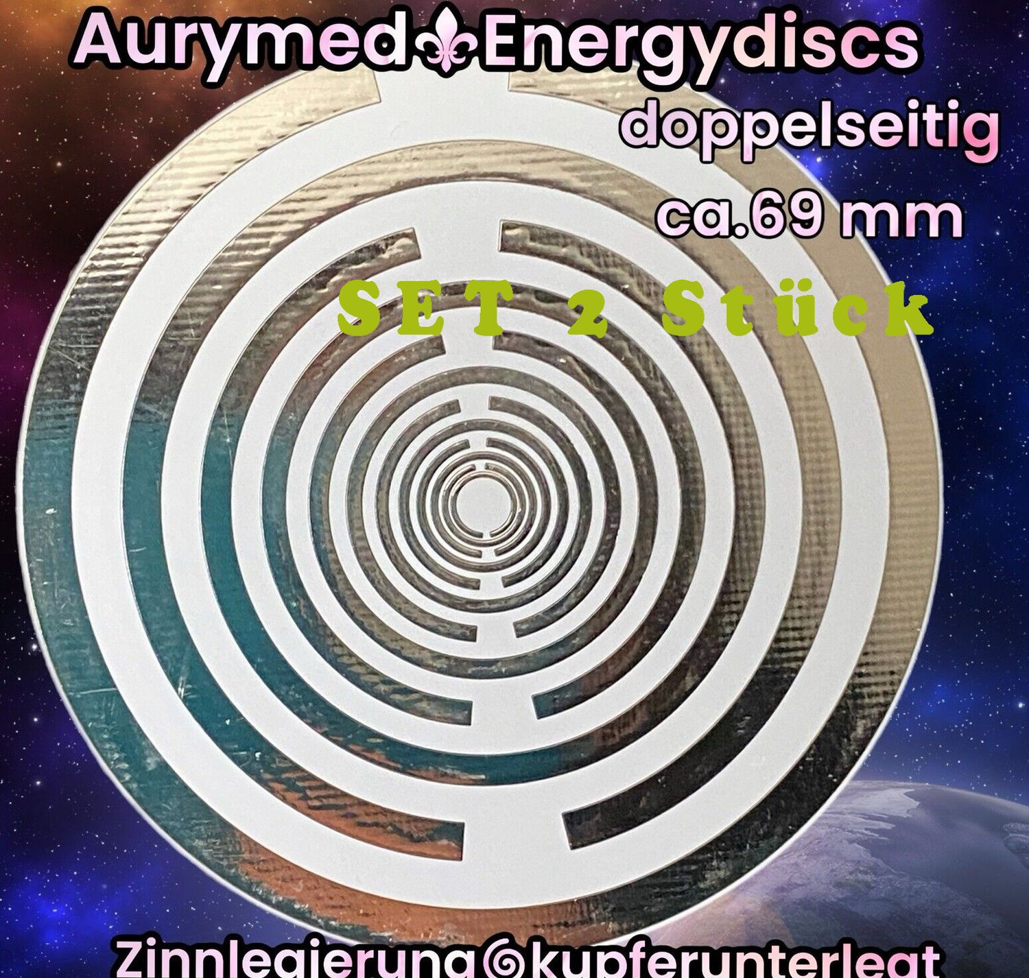 69 mm Disc - 2 Stück - MWO Lakhovsky Symbol Antenne (stromlos) doppelseitig, weiß, Symbolik Zinn legiert, Kupfer unterlegt