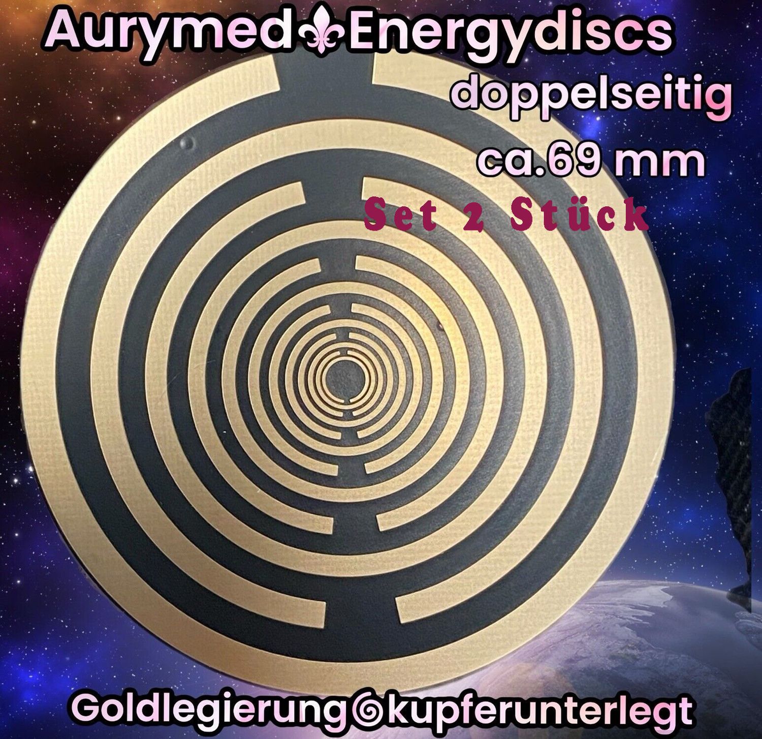 69 mm Disc - 2-er Set - MWO Lakhovsky Schwingkreis Antenne Ozillator, doppelseitig, Gold legiert, Kupfer unterlegt, nachtschwarz