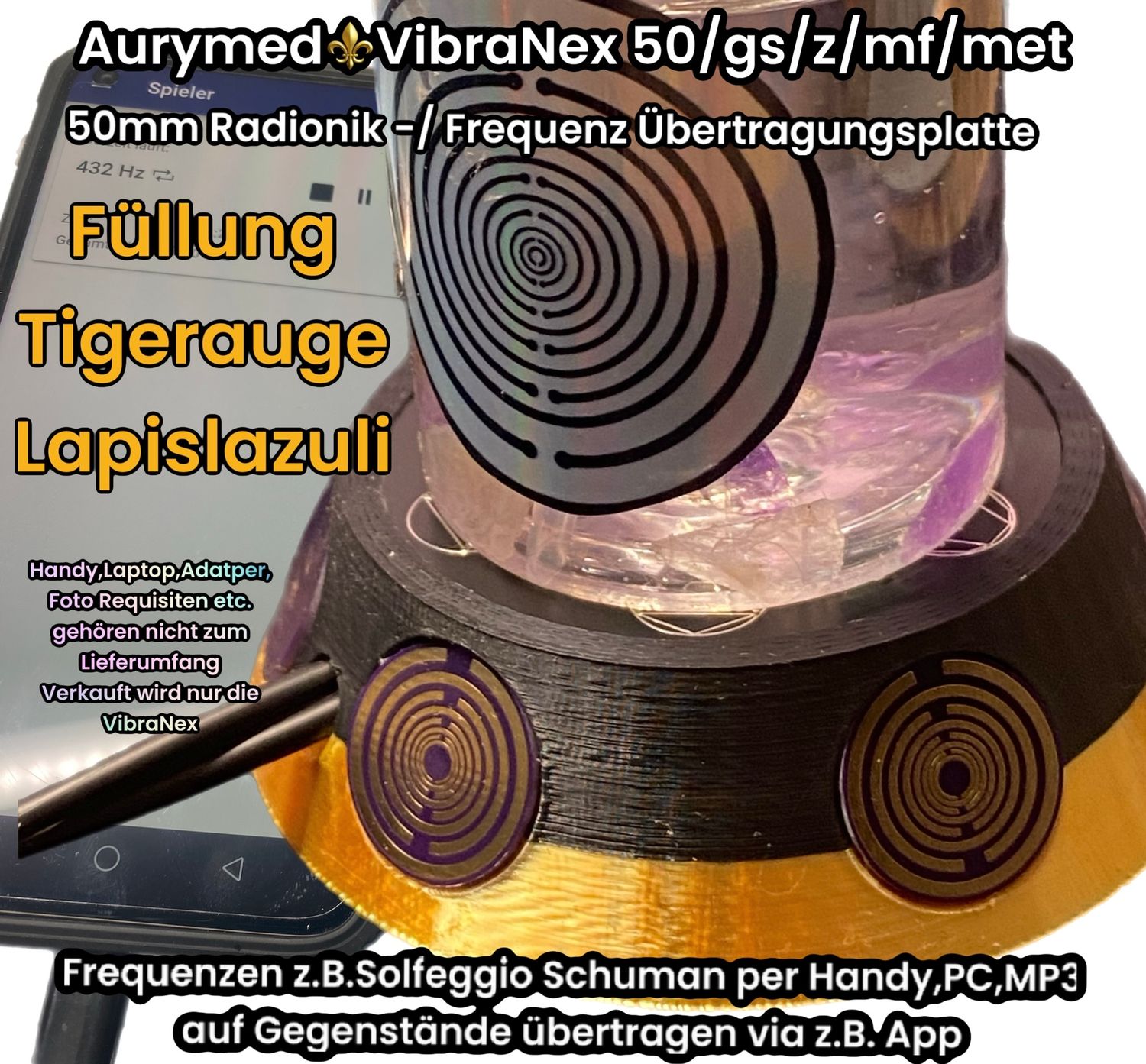 50 mm VibraNex UFO - 2 farbig, Oberflächensymbolik Zinn legiert, Füllung Tigerauge & Lapislazuli