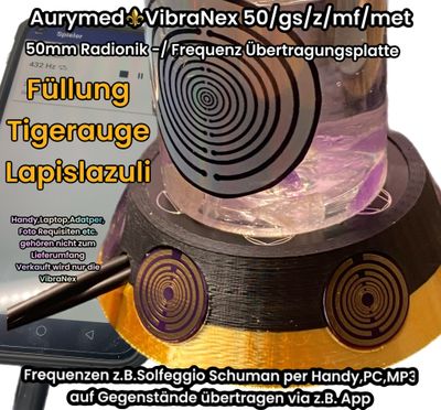 50 mm VibraNex UFO - 2 farbig, Oberflächensymbolik Zinn legiert, Füllung Tigerauge & Lapislazuli 50 mm VibraNex UFO - 2 farbig, Oberflächensymbolik Zinn legiert, Füllung Tigerauge & Lapislazuli