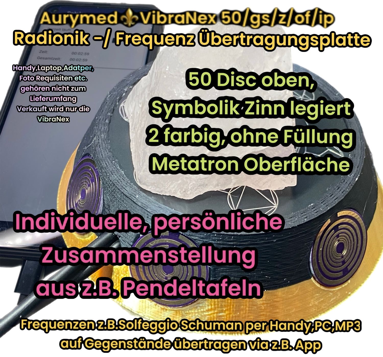 50 mm Wunsch VibraNex mit Seitenscheiben, 2 farbig PLA Gehäuse Wunschfarbe, Oberflächensymbolik Metatron Zinn legiert, ohne Füllung