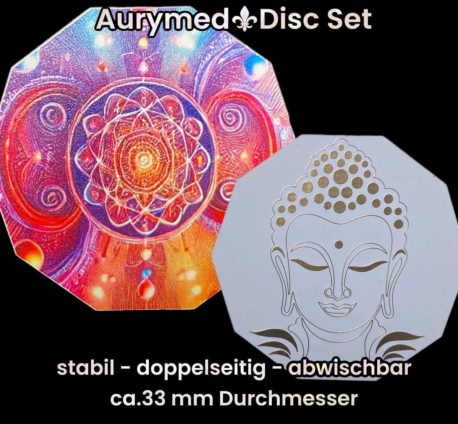 33 mm Disc 6 Stück Set - Buddha trifft den galaktischen Schmetterling, doppelseitig, 1 Seite Gold legiert, Kupfer unterlegt