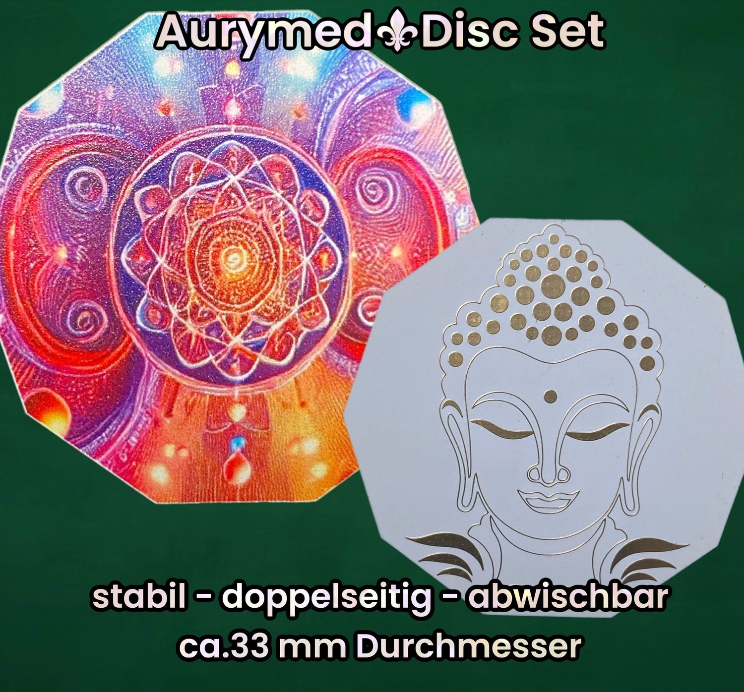 33 mm Disc - 18 Stück Set - Buddha trifft den galaktischen Schmetterling, doppelseitig, 1 Seite Gold legiert, Kupfer unterlegt