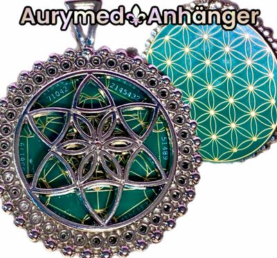 Amulette - Metatron - Blume des Lebens als grüner ca. 32 mm großer Coin mit Goldlegierung in eine silberfarbende (kein Silber) Fassung eingearbeitet Amulette - Metatron - Blume des Lebens als grüner ca. 32 mm großer Coin mit Goldlegierung in eine silberfarbende (kein Silber) Fassung eingearbeitet